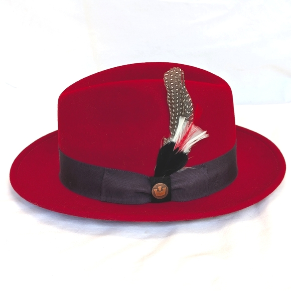 Goorin Bros Red Wool Large Fedora Hat with Feather Accent - Picture 1 of 9